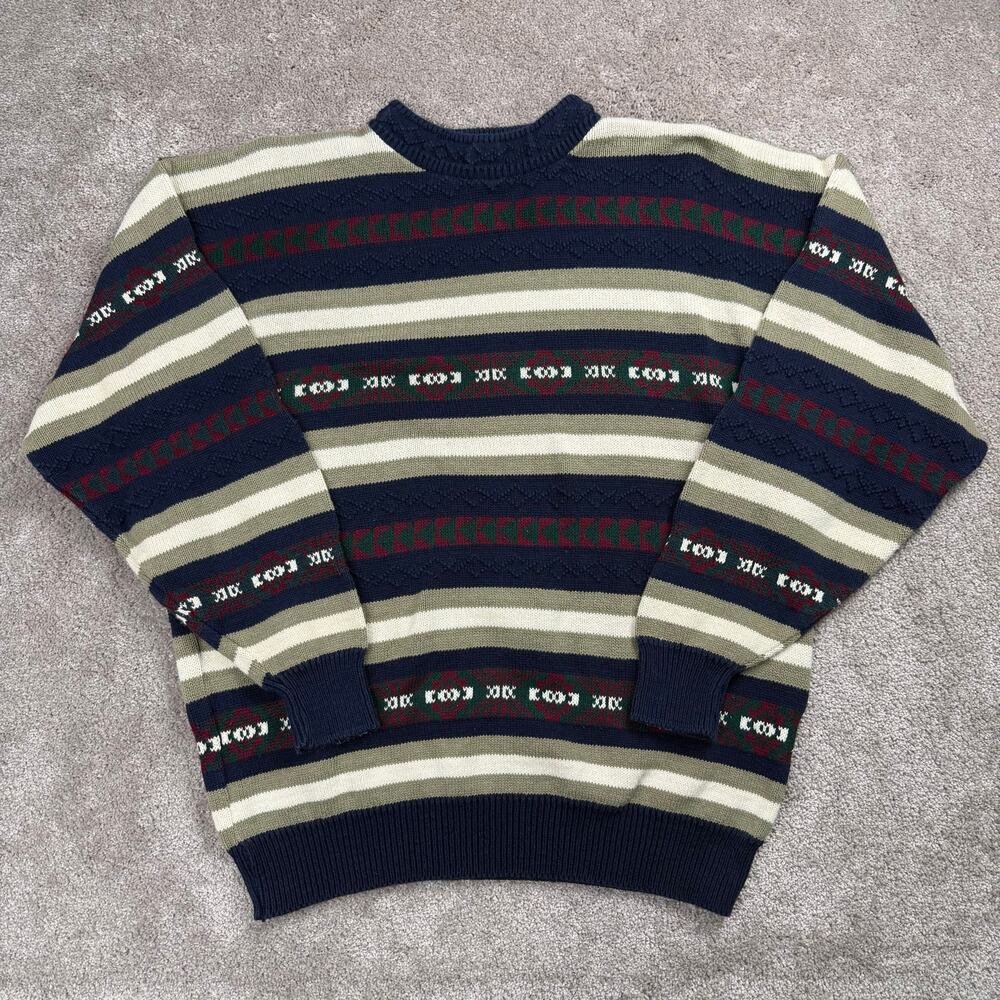 John Weitz Size XL Navy Striped Tribal Fair Isle Knit Sweater USA Grandpa Preppy